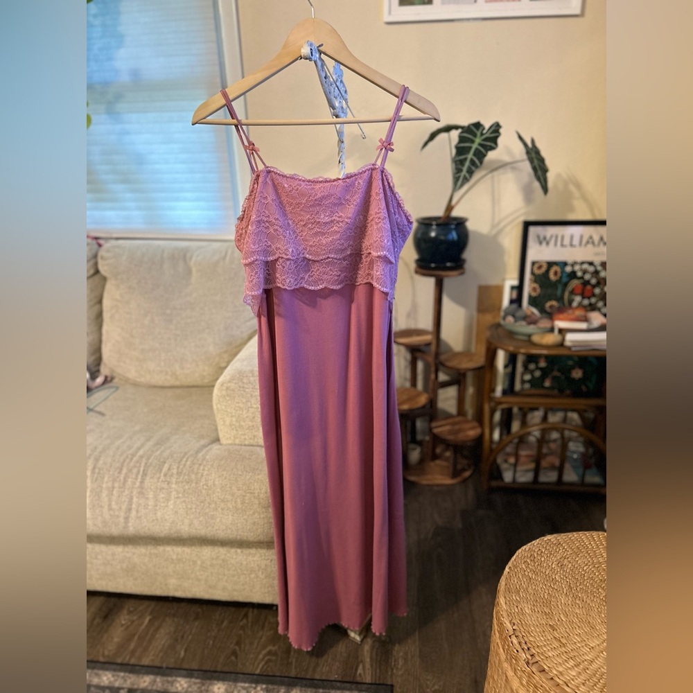 Y2K Lace Babydoll Soft Surroundings Mauve Pink ribbed Maxi Dress Size Large